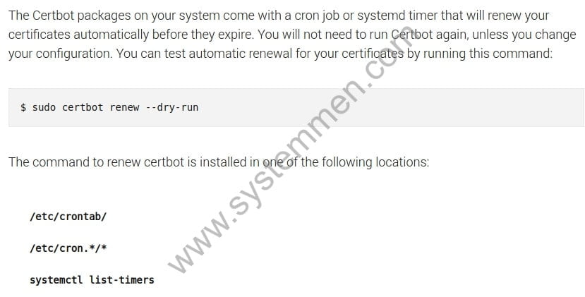 Set up Let's Encrypt Certbot auto renew set-up-lets-encrypt-certbot-auto-renew Set up Let's Encrypt Certbot auto renew
